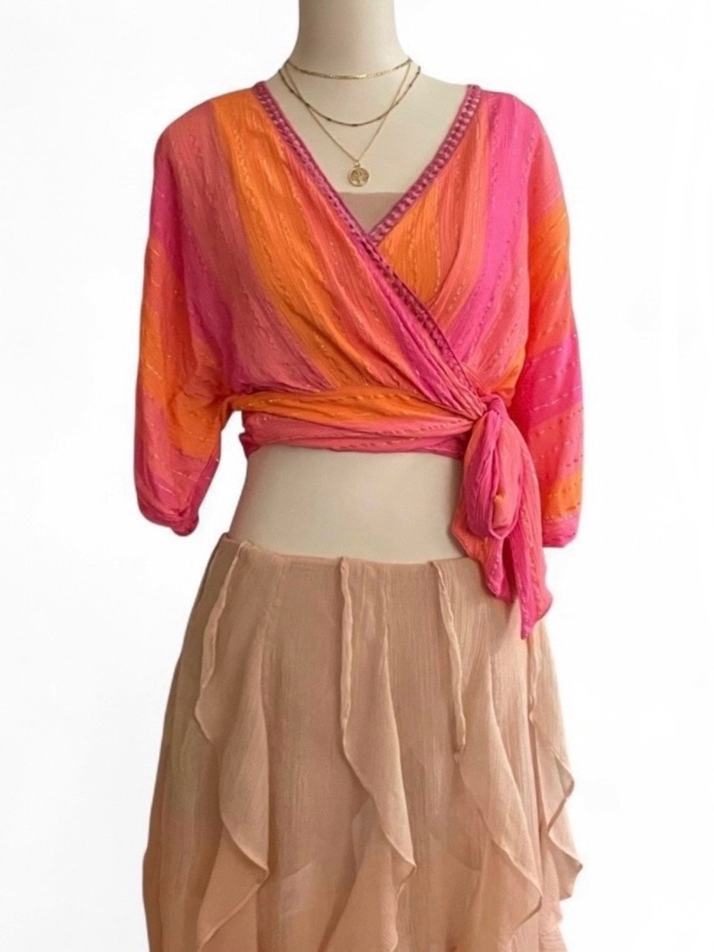 VENUS Pink & Orange Ombre Striped Metallic Tie-Front Top - Size XL